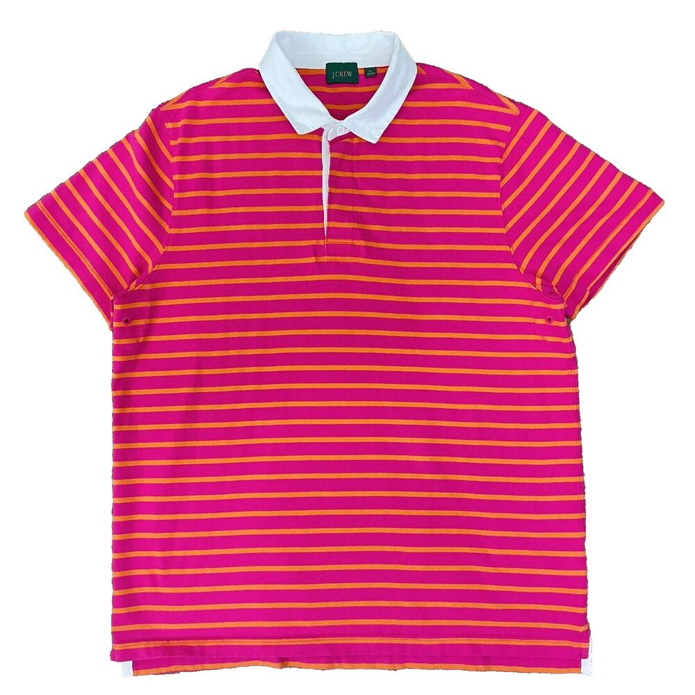 J.Crew Heritage Oarsman Mens Short Sleeve Rugby Shirt Stripe Pink Orange Size XL